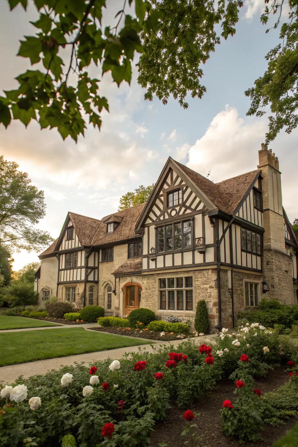 Tudor gables evoke storybook charm.
