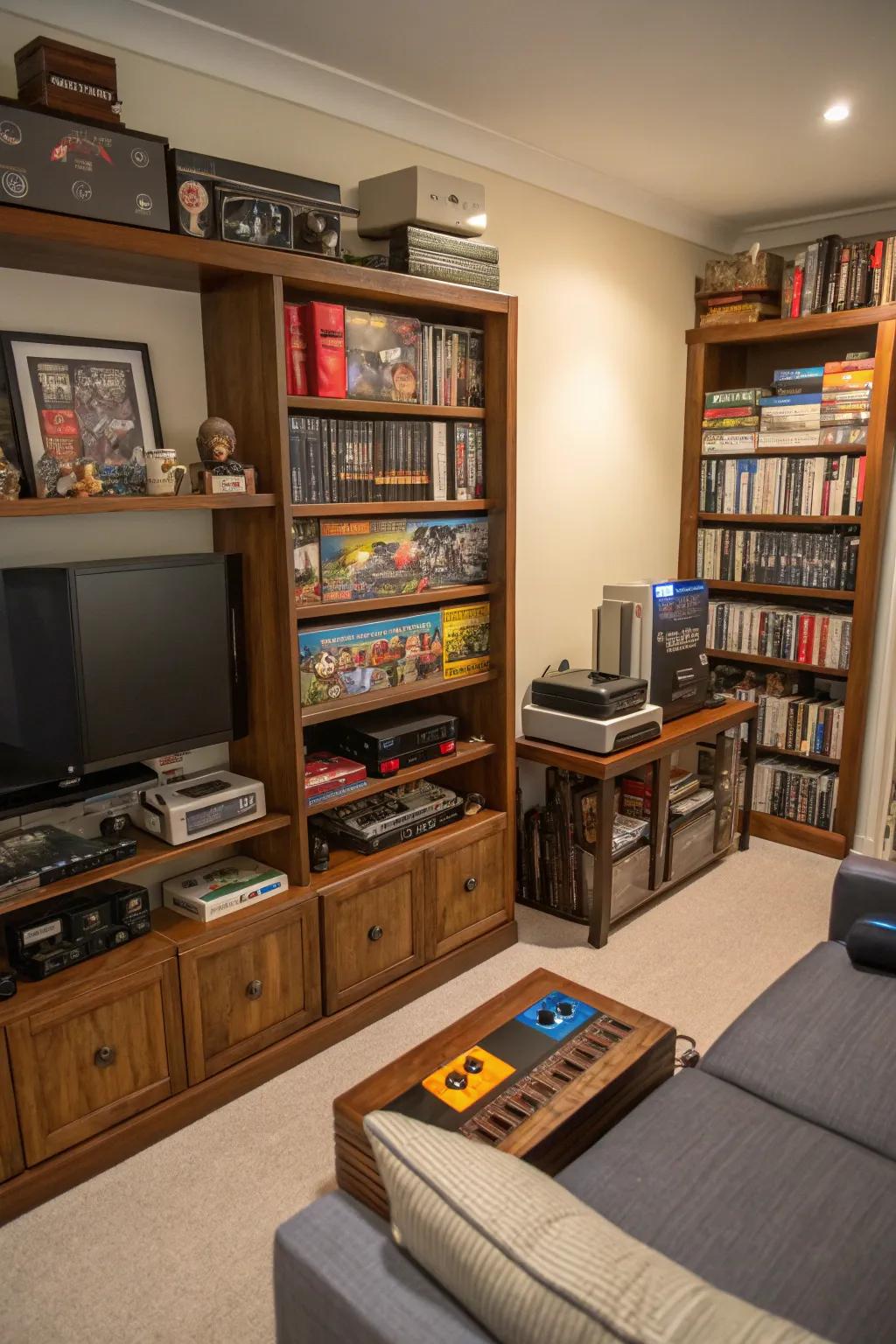 Bookcase showcases impart both capacity and elegance to your gaming space.