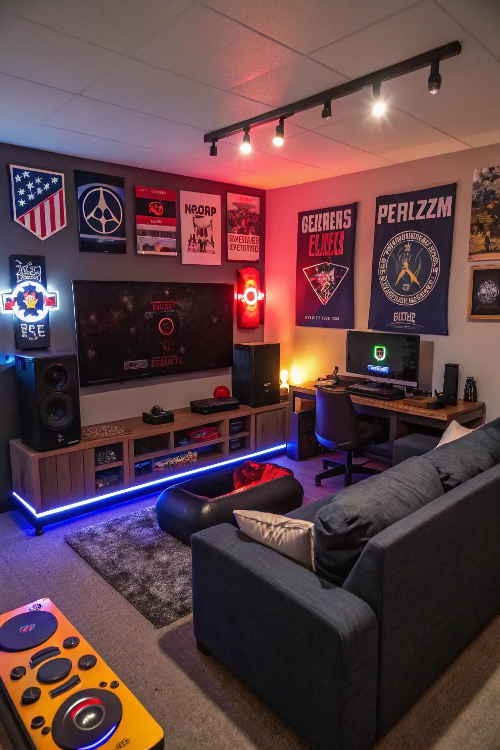 Brand name homages individualize this pc gaming space with panache.