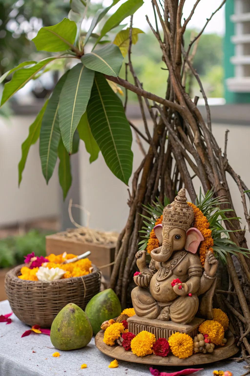 Country allure with natural constituents like branches and twigs enriching the festival arrangement.