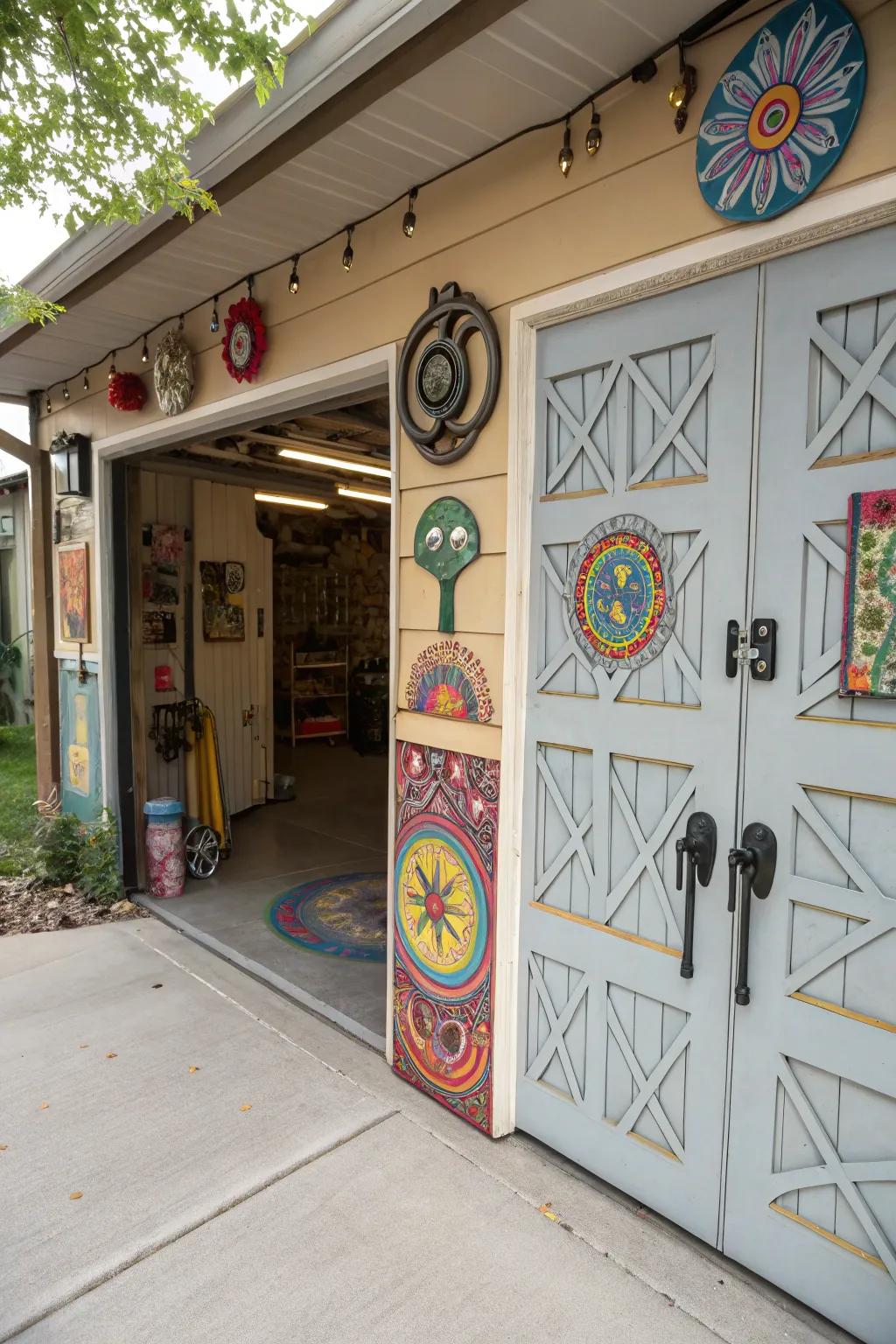 A garage featuring whimsical aspects that contribute a distinctive charm.