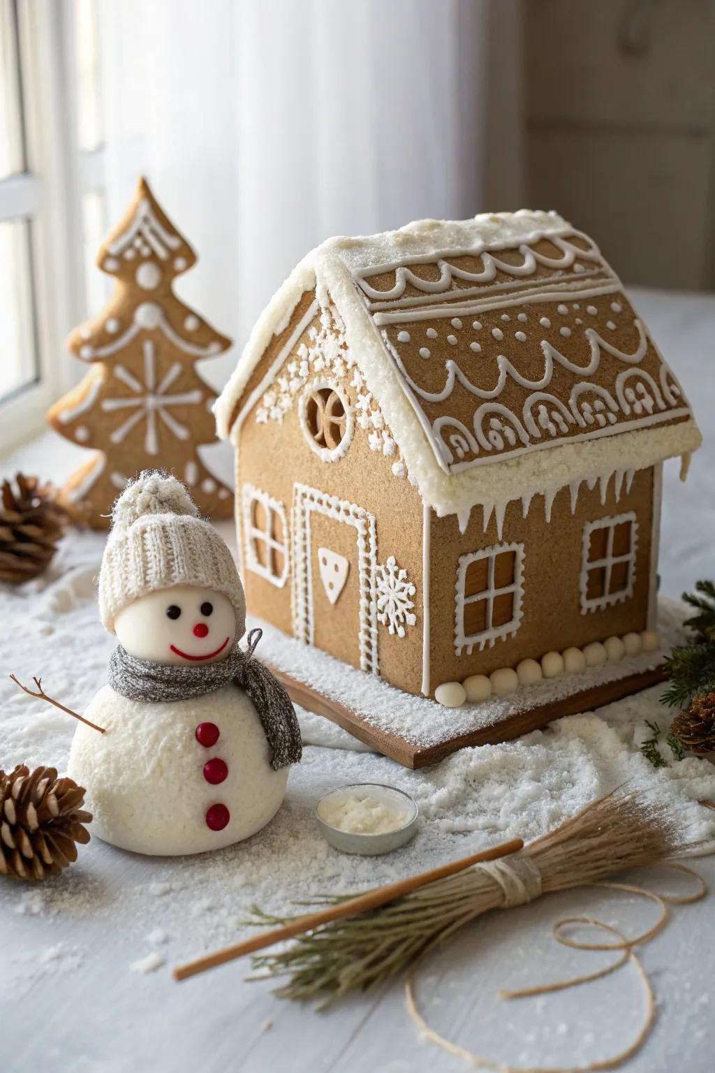 Delight in the unpretentious splendor of a gingerbread structure, adorned with a whimsical sugar puff effigy, ideal for a snug winter's time.