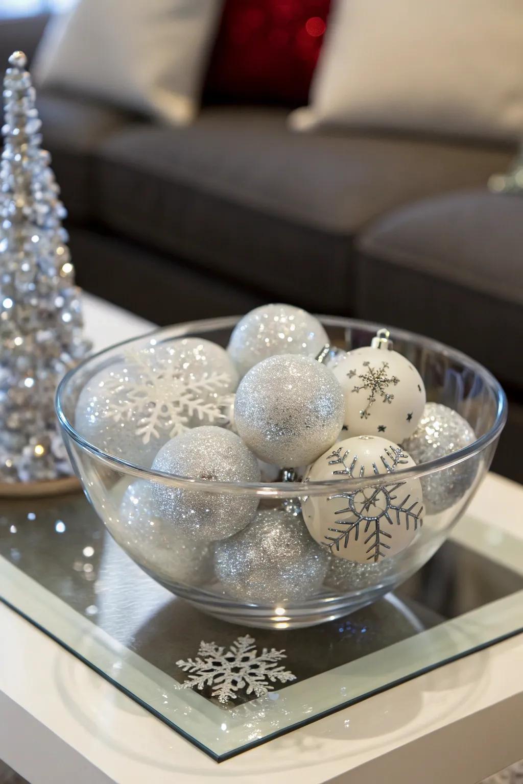 Sparkling snowflakes introducing a frosty radiance inside a crystal vessel.