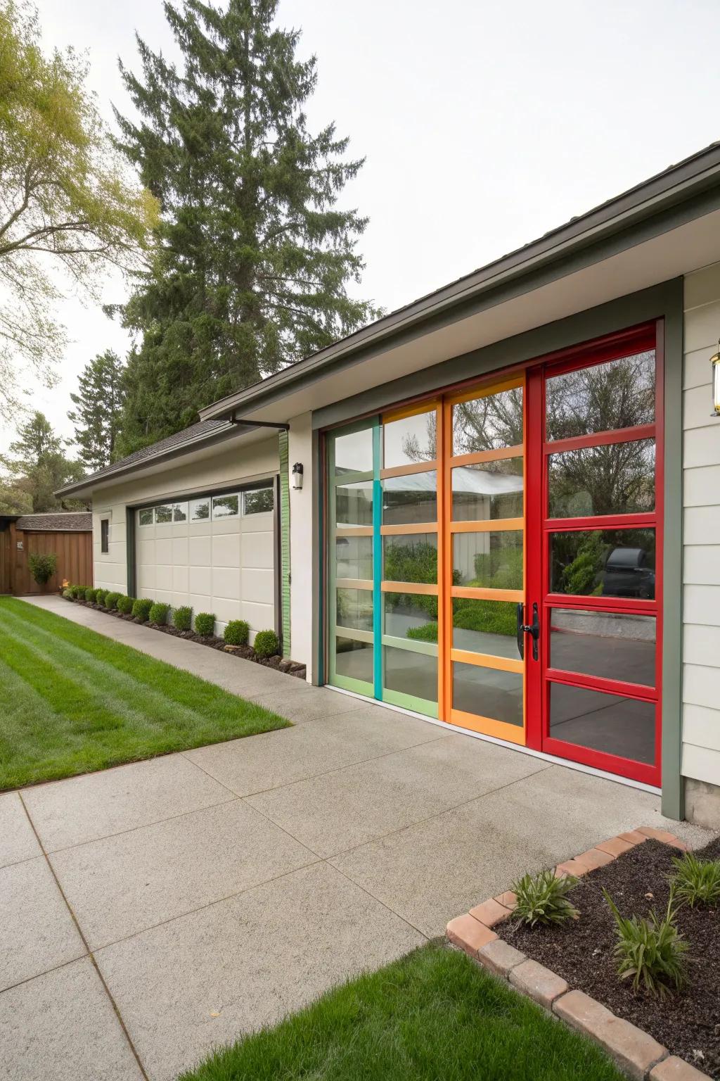 A bold home design features a colorful glass garage door frame.