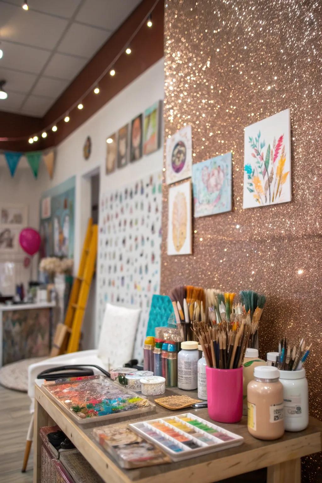 A glitter accent wall serves as a muse within an art studio.