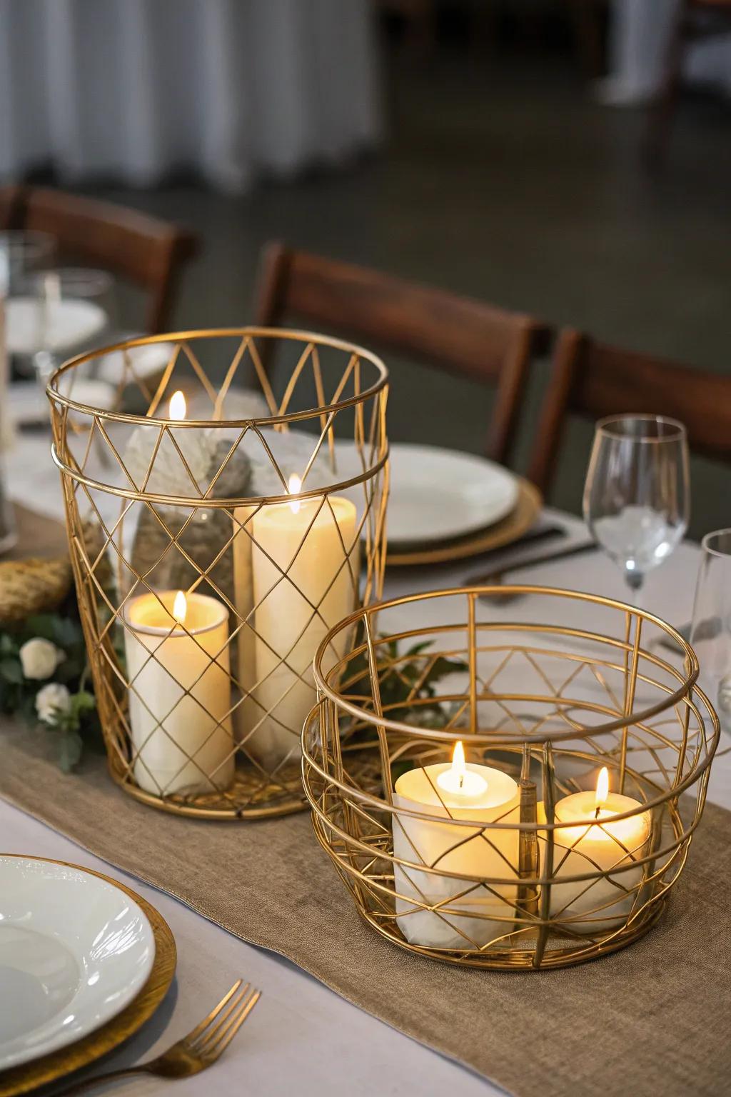 Industrial chic crafted by gleaming wire baskets and lights.
