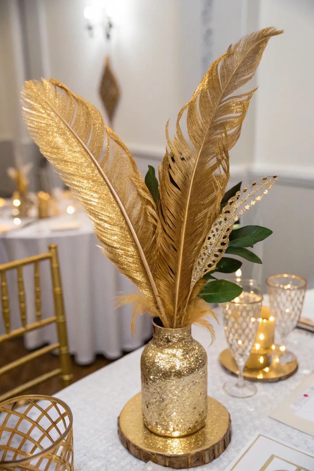 Gleaming feathers add an unexpected and stylish element to the decor.