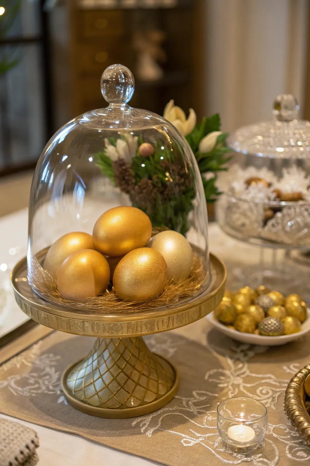 Gilded eggs beneath a bell engender a sophisticated exhibition.