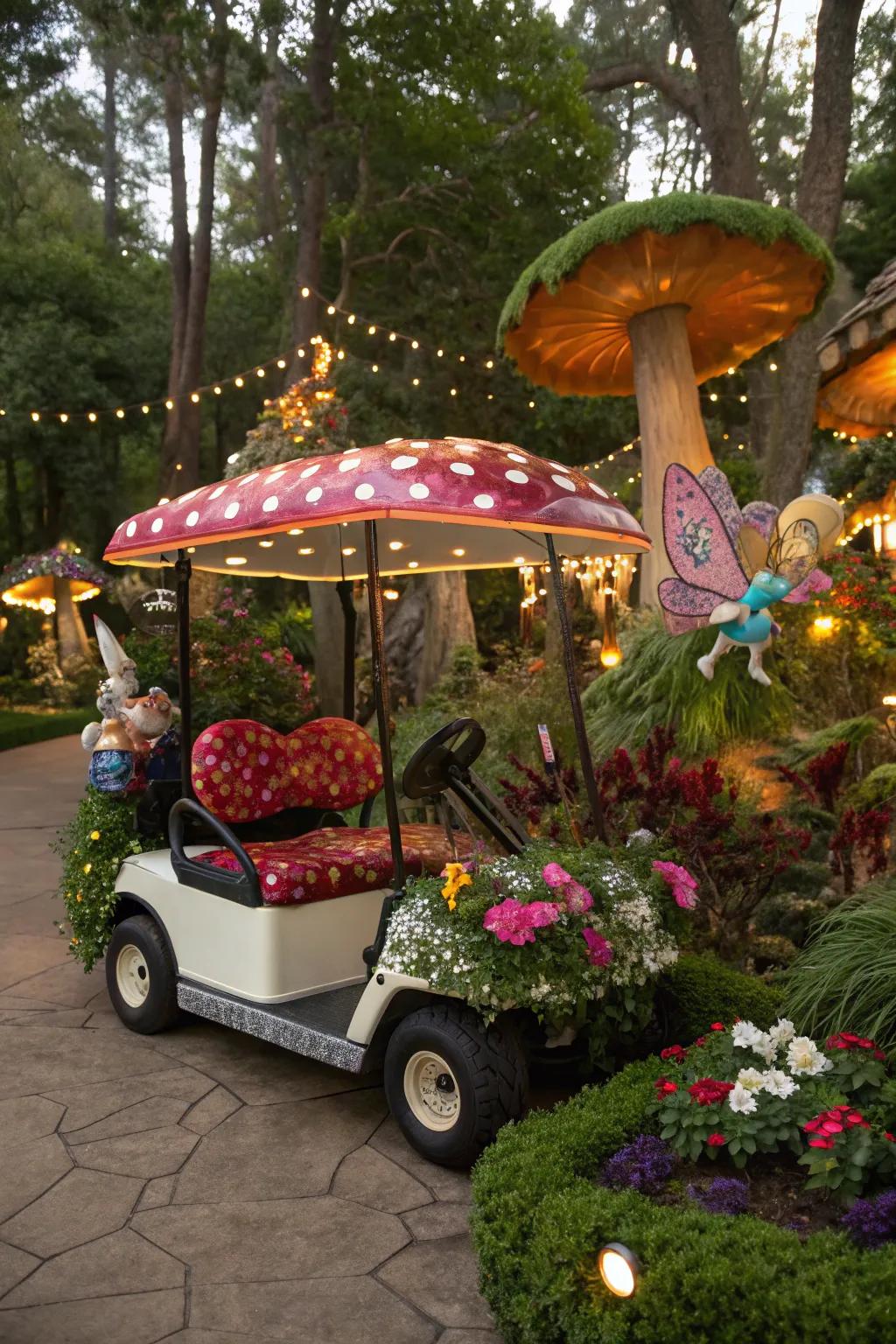 Step into a whimsical wonderland with imaginative golf cart decorations.