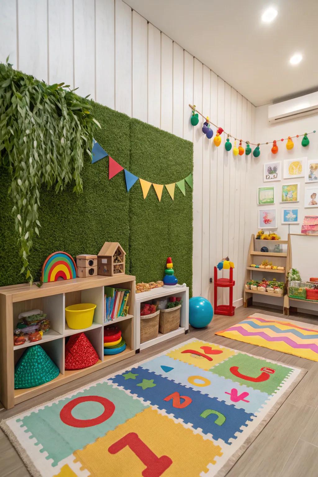 A vegetation-covered partition in the progeny&rsquo;s expanse fosters inventiveness and playfulness.