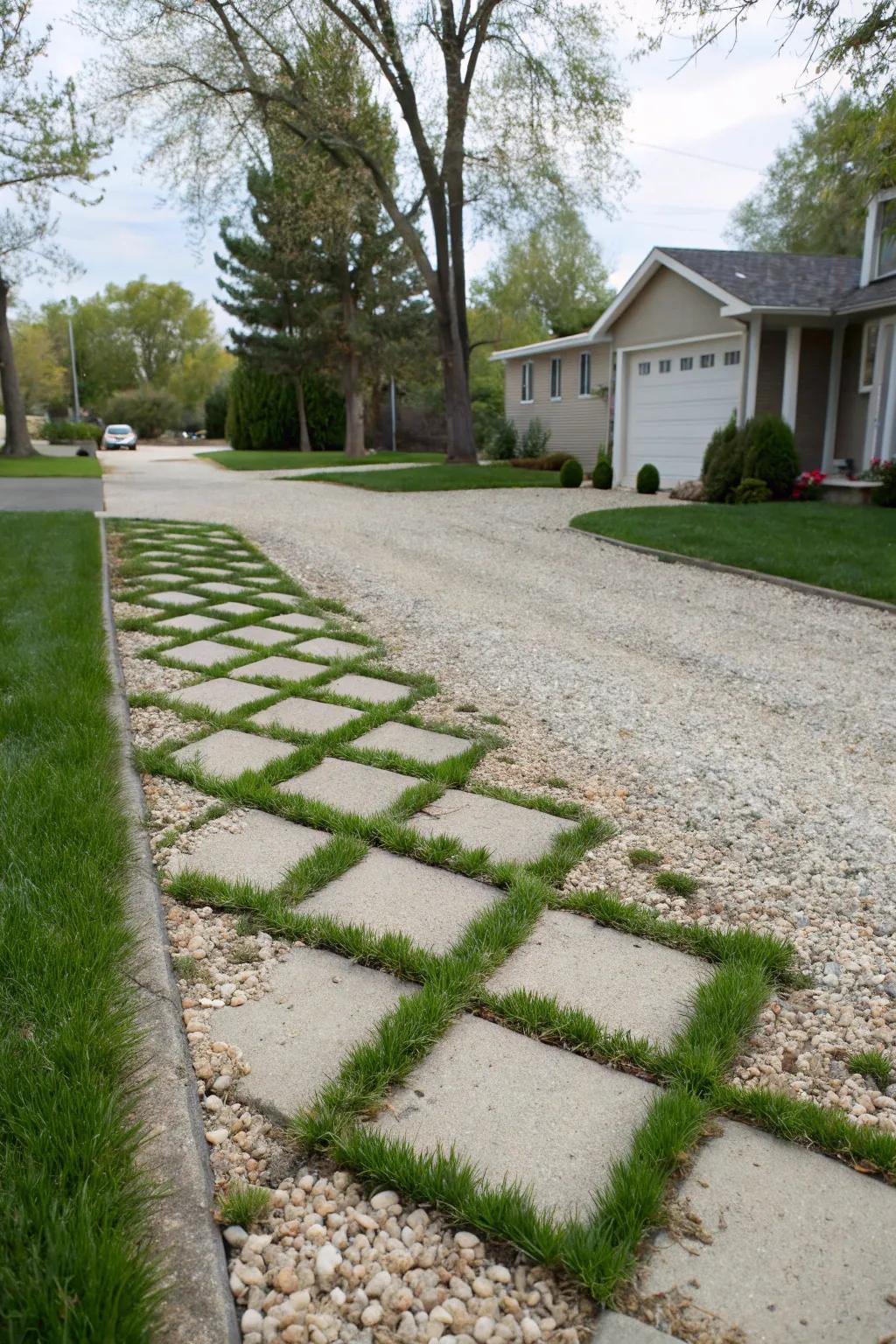 Herbaceous paver trim merges driveway with vibrant greenery.