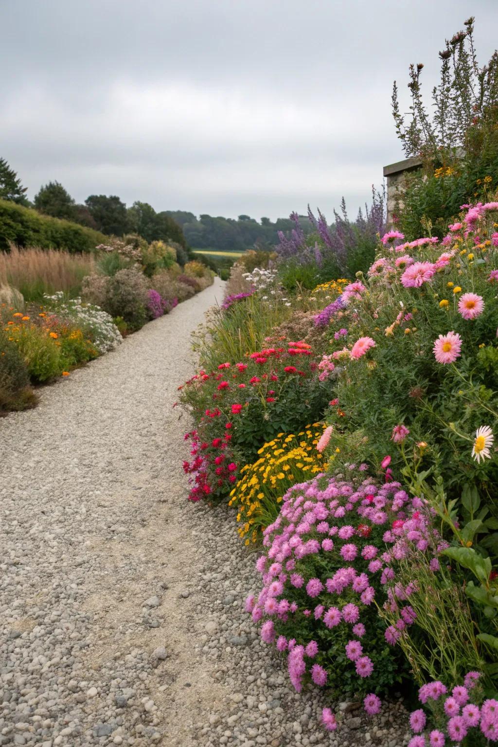 A dynamic gravel flower bed showcasing seasonal flowers