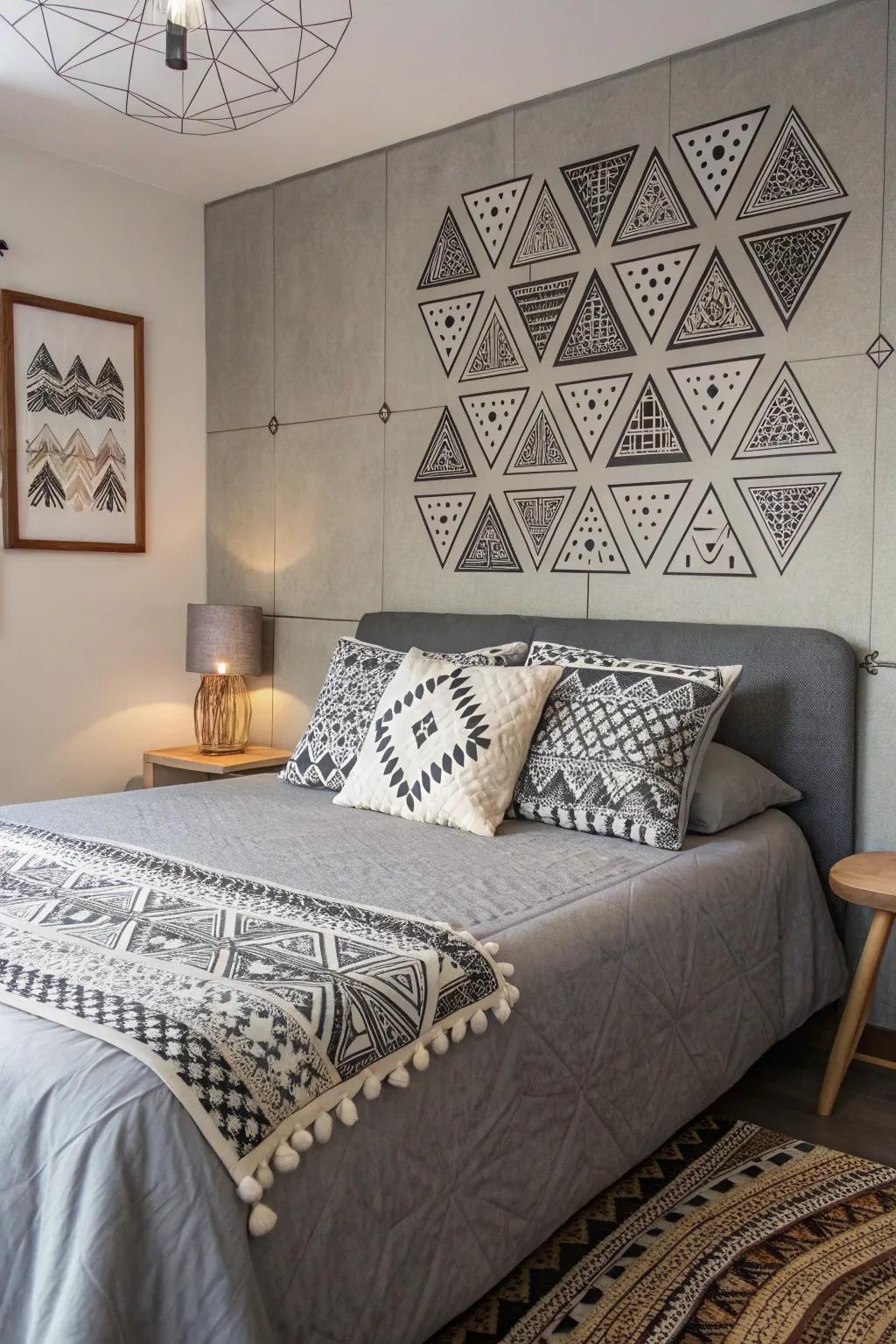 Geometric patterns adding a modern edge to a gray setting.