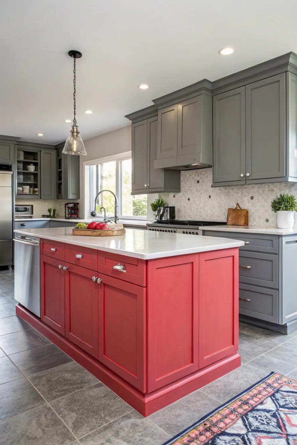 A vibrant centerpiece island stands out against a backdrop of gray cabinets.
