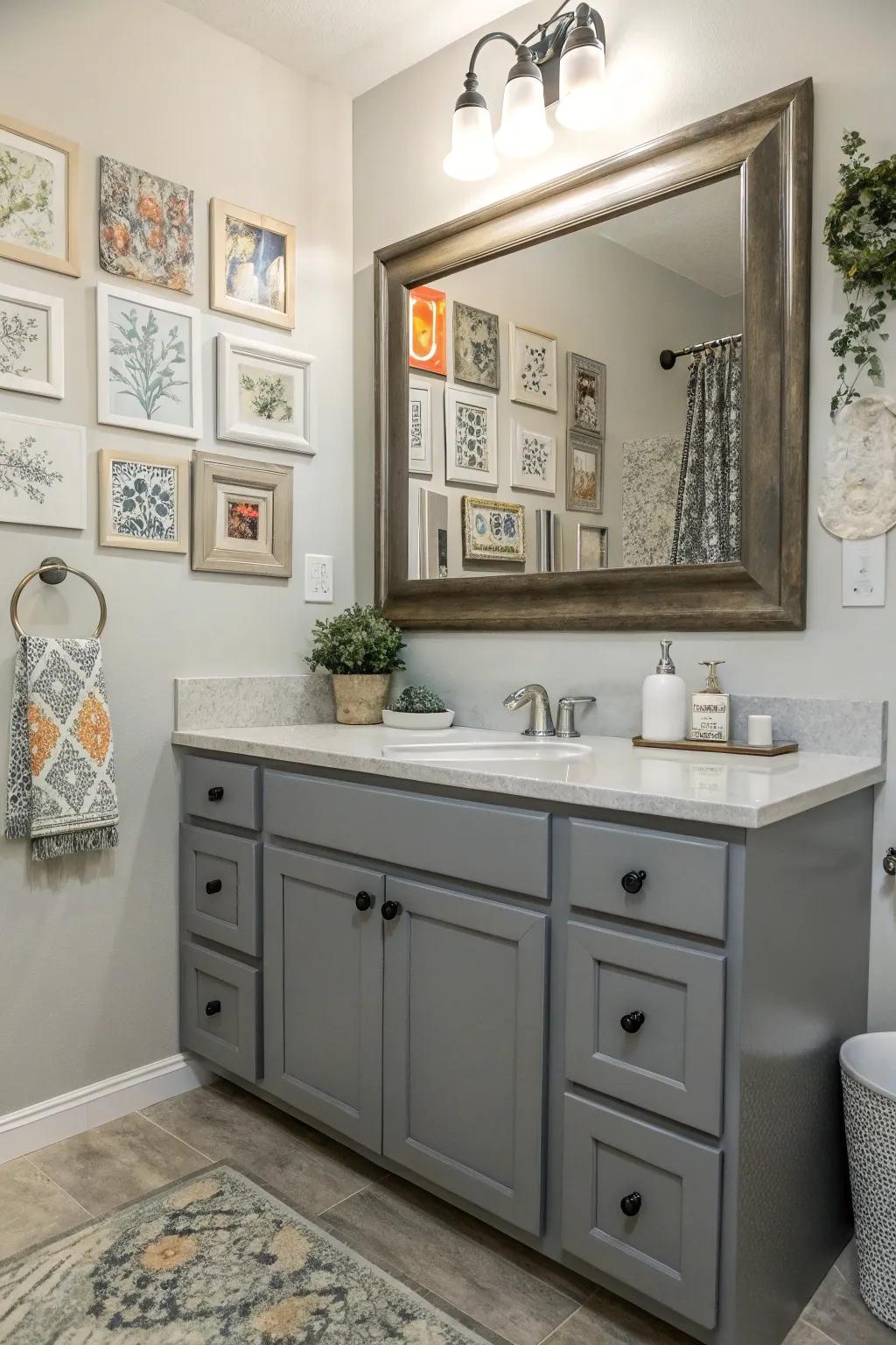 An artistic bathroom features a gray vanity and curated wall art.