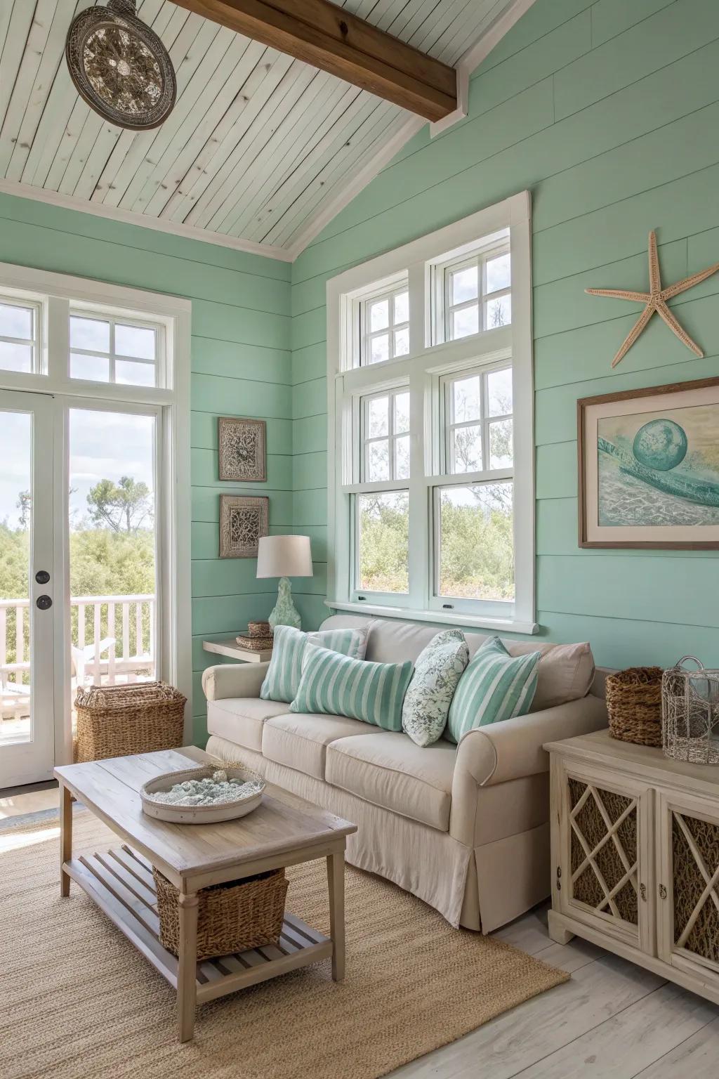 Pale green walls evoke breezy coastal vibes.