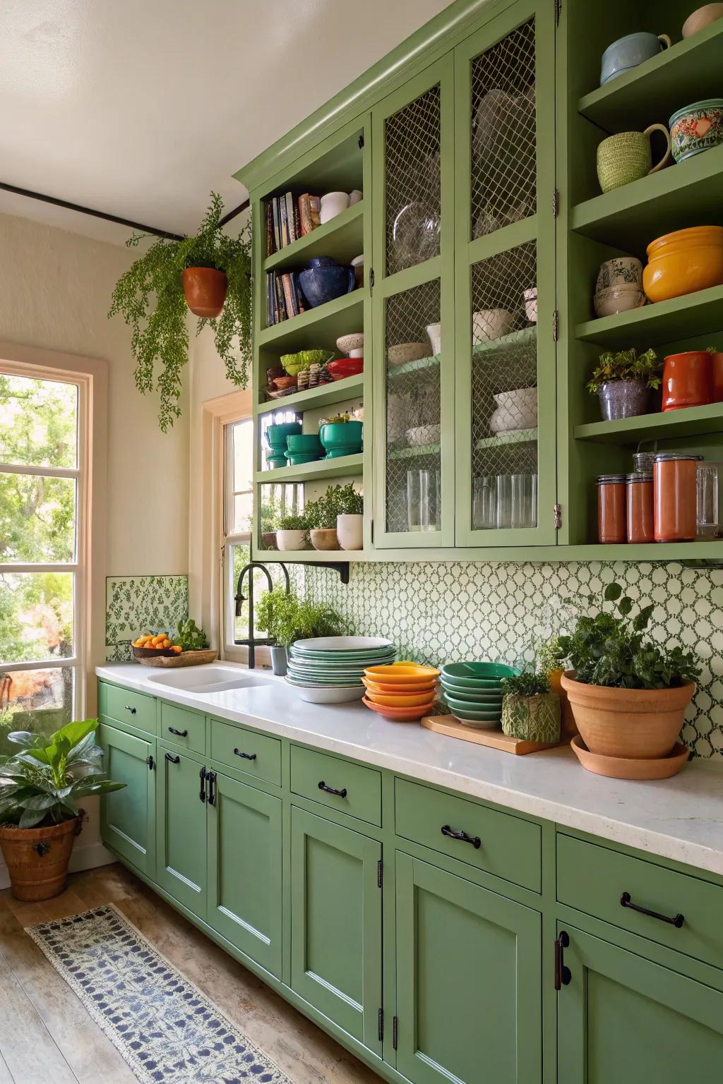 Breezy kitchen featuring green cabinets and stylish open racking.