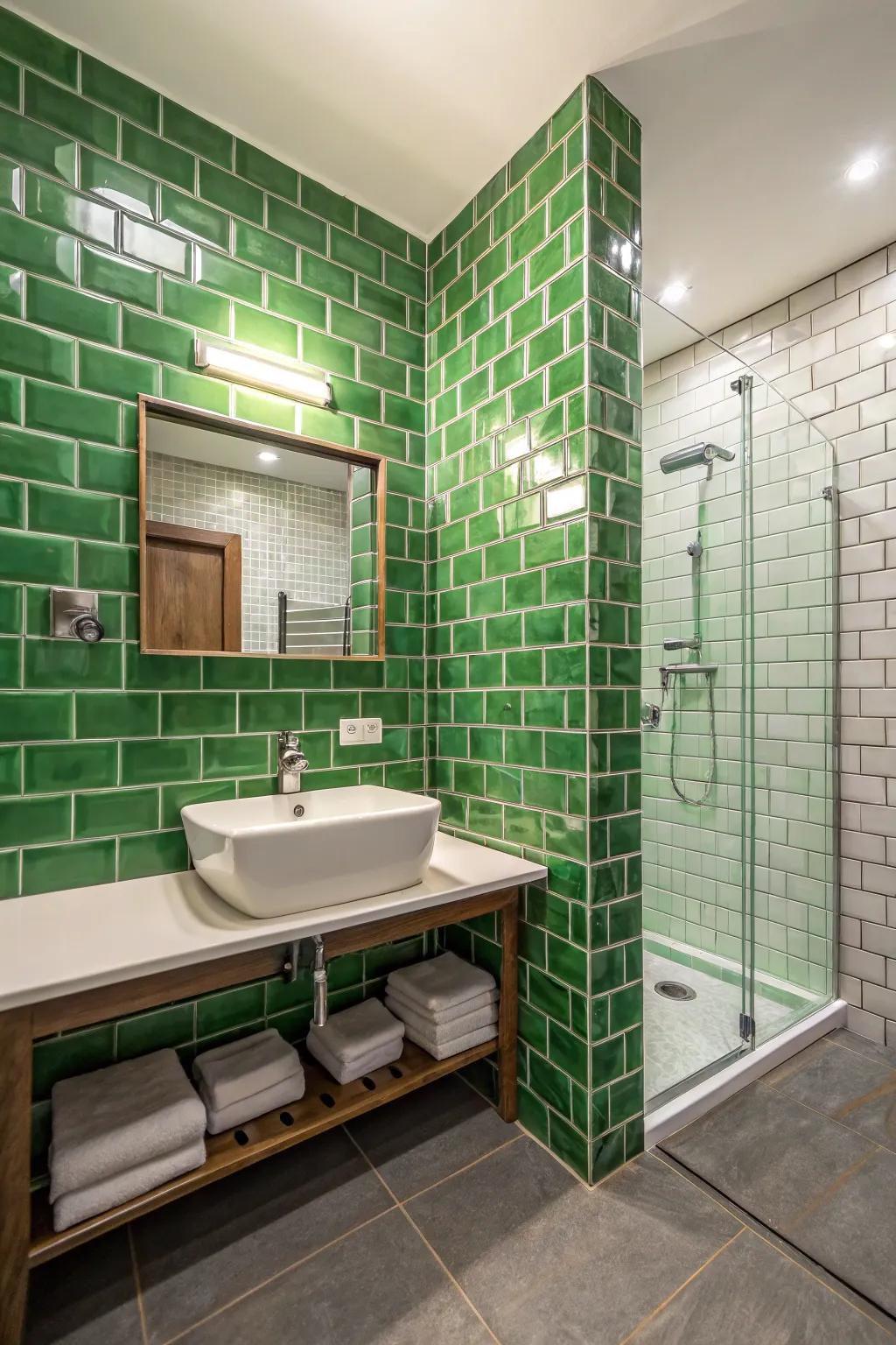 Green brick walls add bold texture and color.