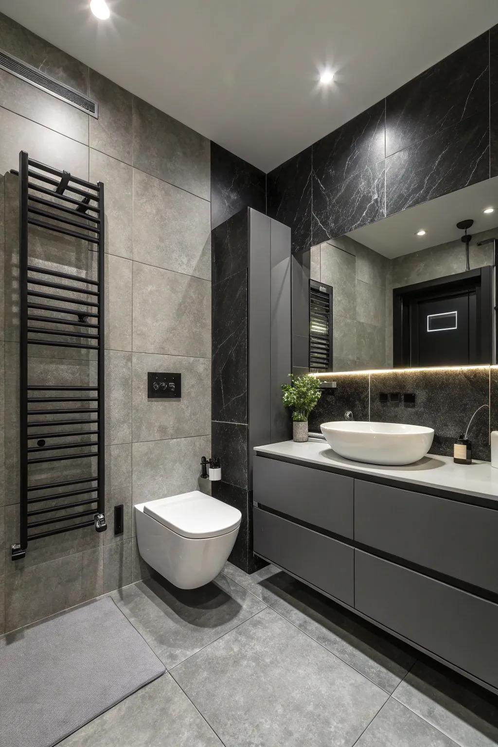 Black details add sophistication to the grey bathroom.