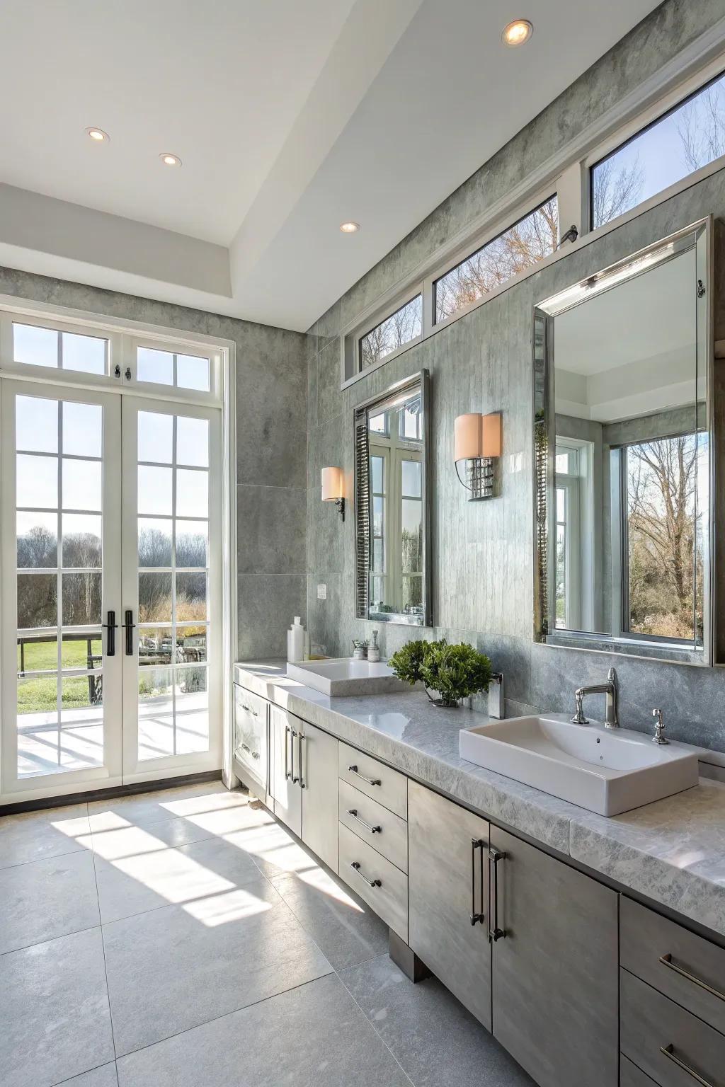 Brilliant grey walls reflect light beautifully, making this bathroom feel more open.