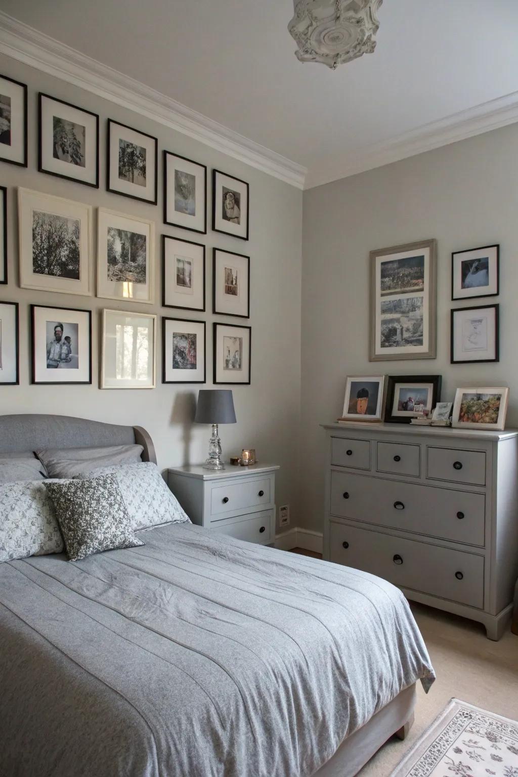 A gallery wall with grey frames personalizes the space.