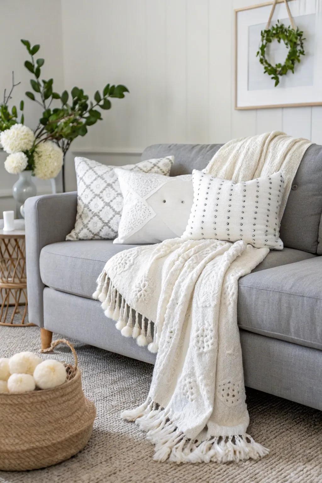 Bright elements brighten up a room featuring a grey couch.