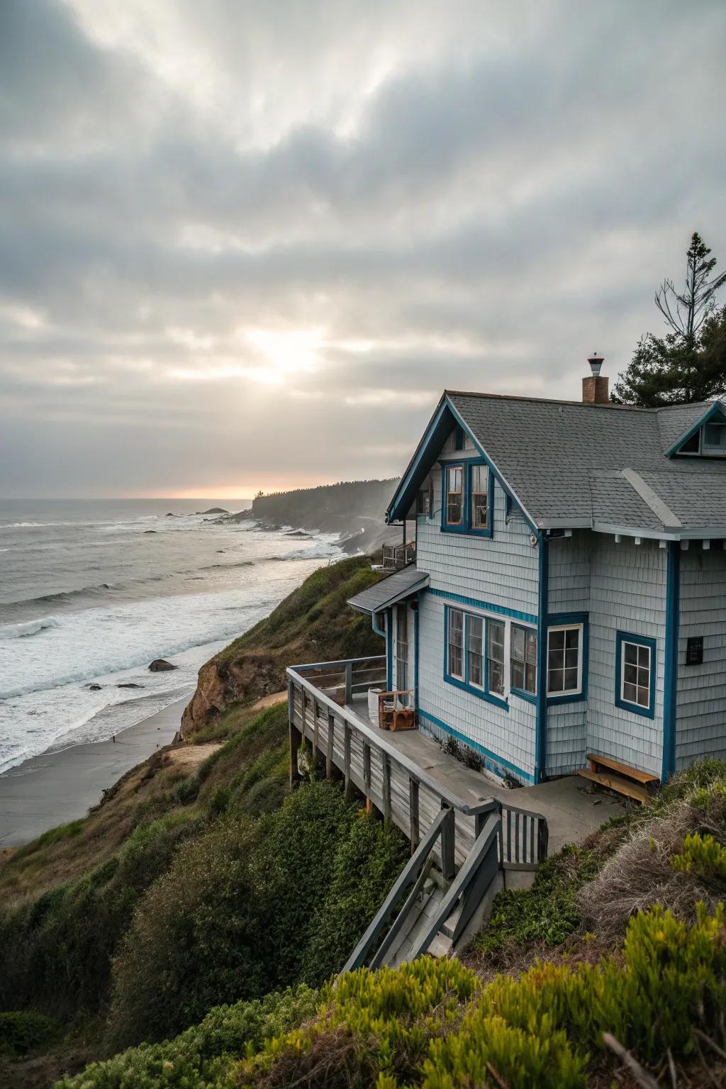 Gentle grey with azure trim evokes a calming coastal vibe.