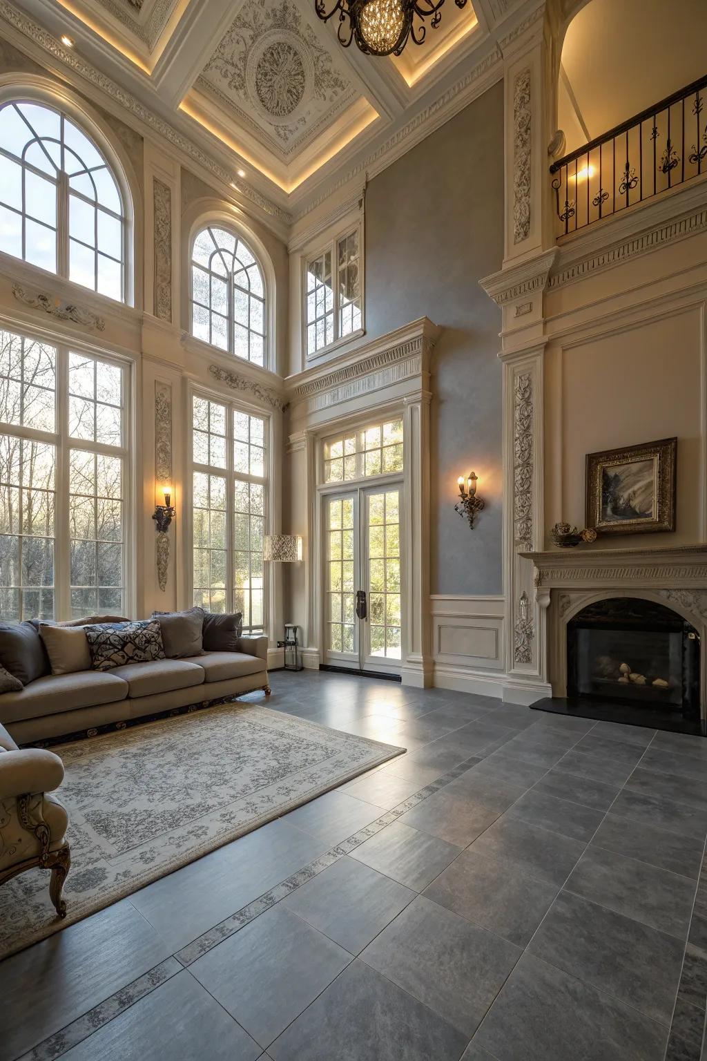 Architectural features shine with grey flooring.