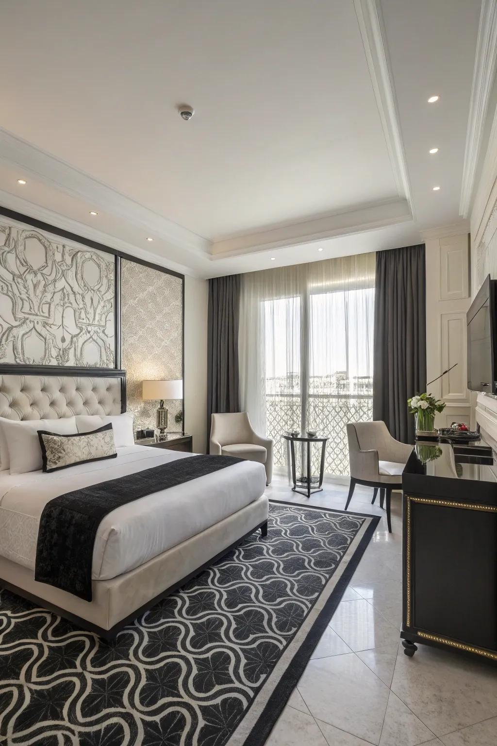 A chic guest room with a timeless black and white palette.