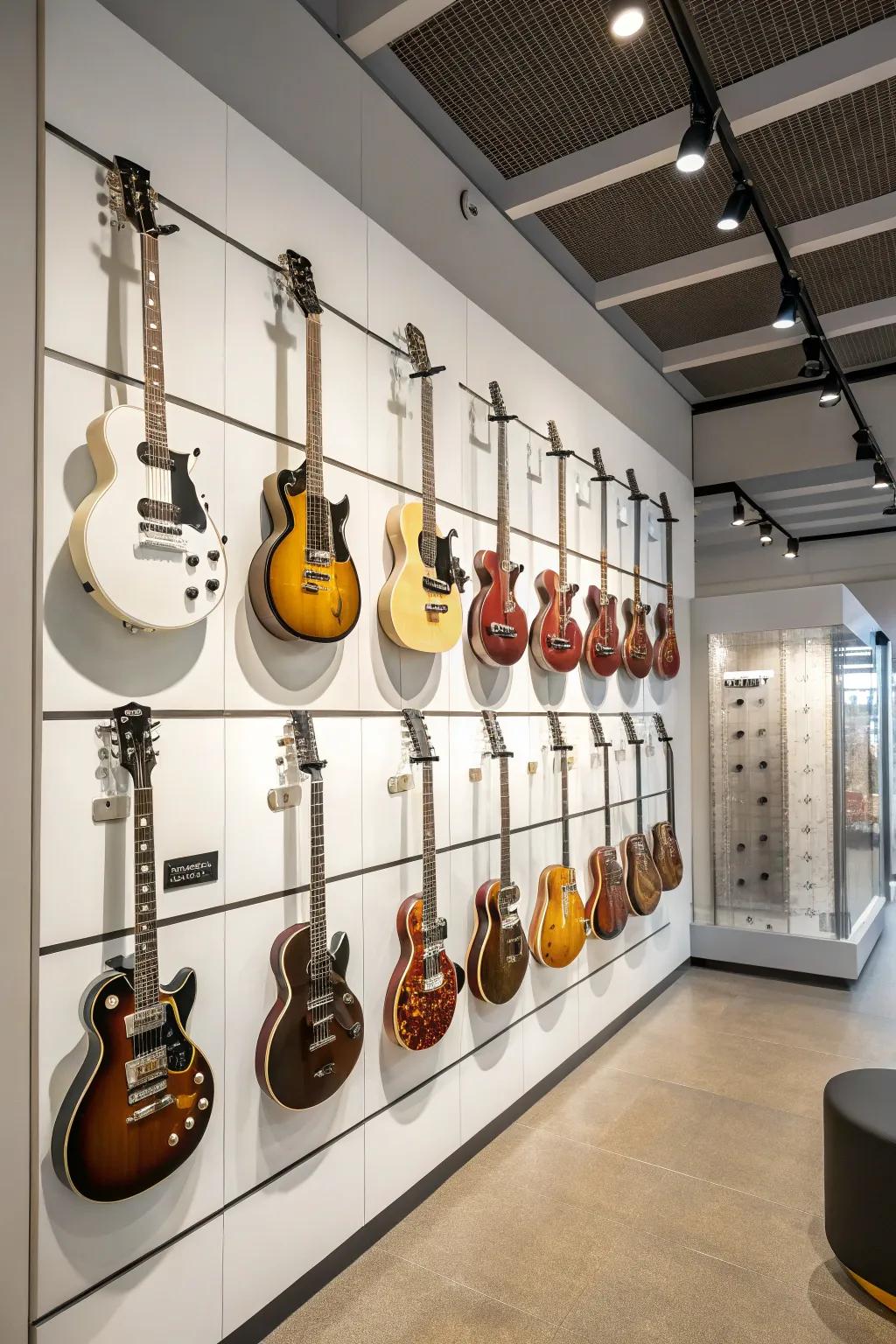 Guitars displayed in a geometric grid pattern for a modern touch.