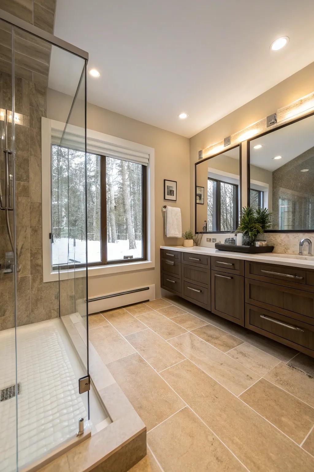 Heated floors provide luxury and comfort in a hall bathroom.