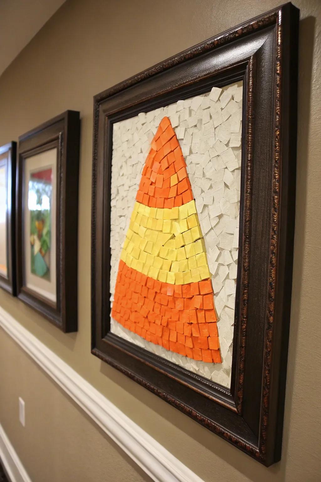 Candy corn mosaic artwork presents a sweet decorative accent