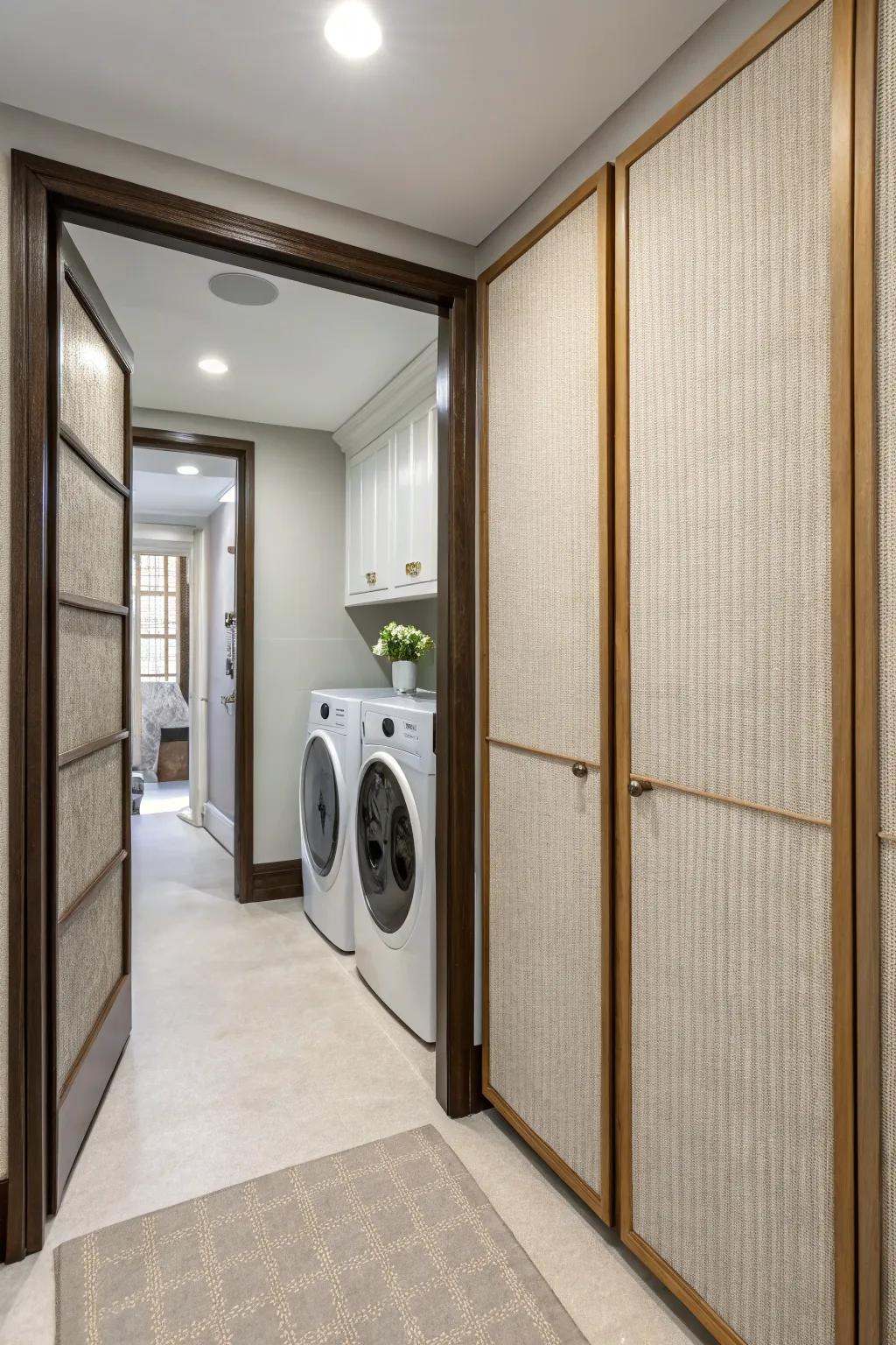 Textured woven panel doors apply a gentle elegance to a corridor washing room.