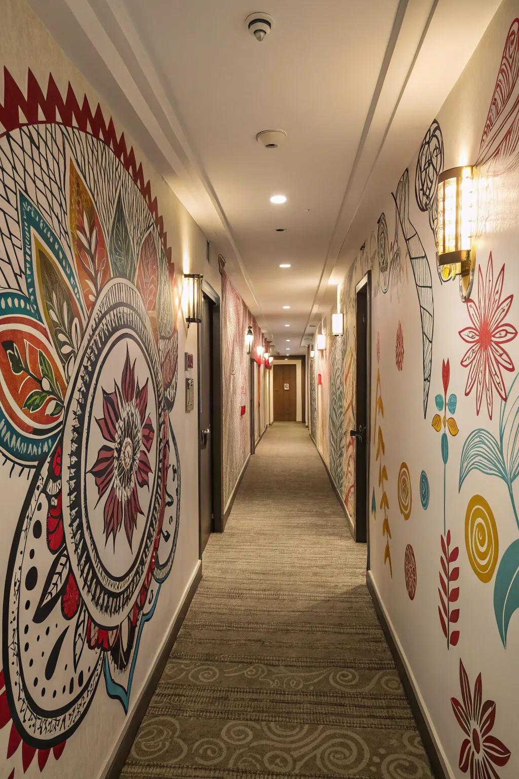A gallery-like corridor with a stunning mural paper.