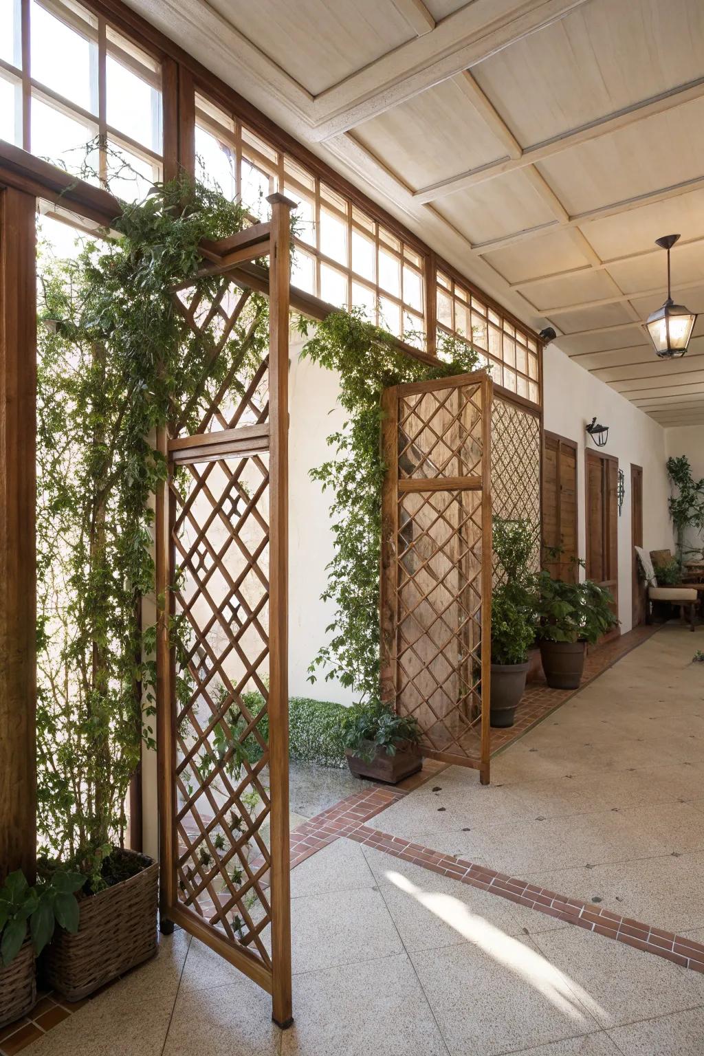 Lattice screens introduce a garden ambiance indoors.