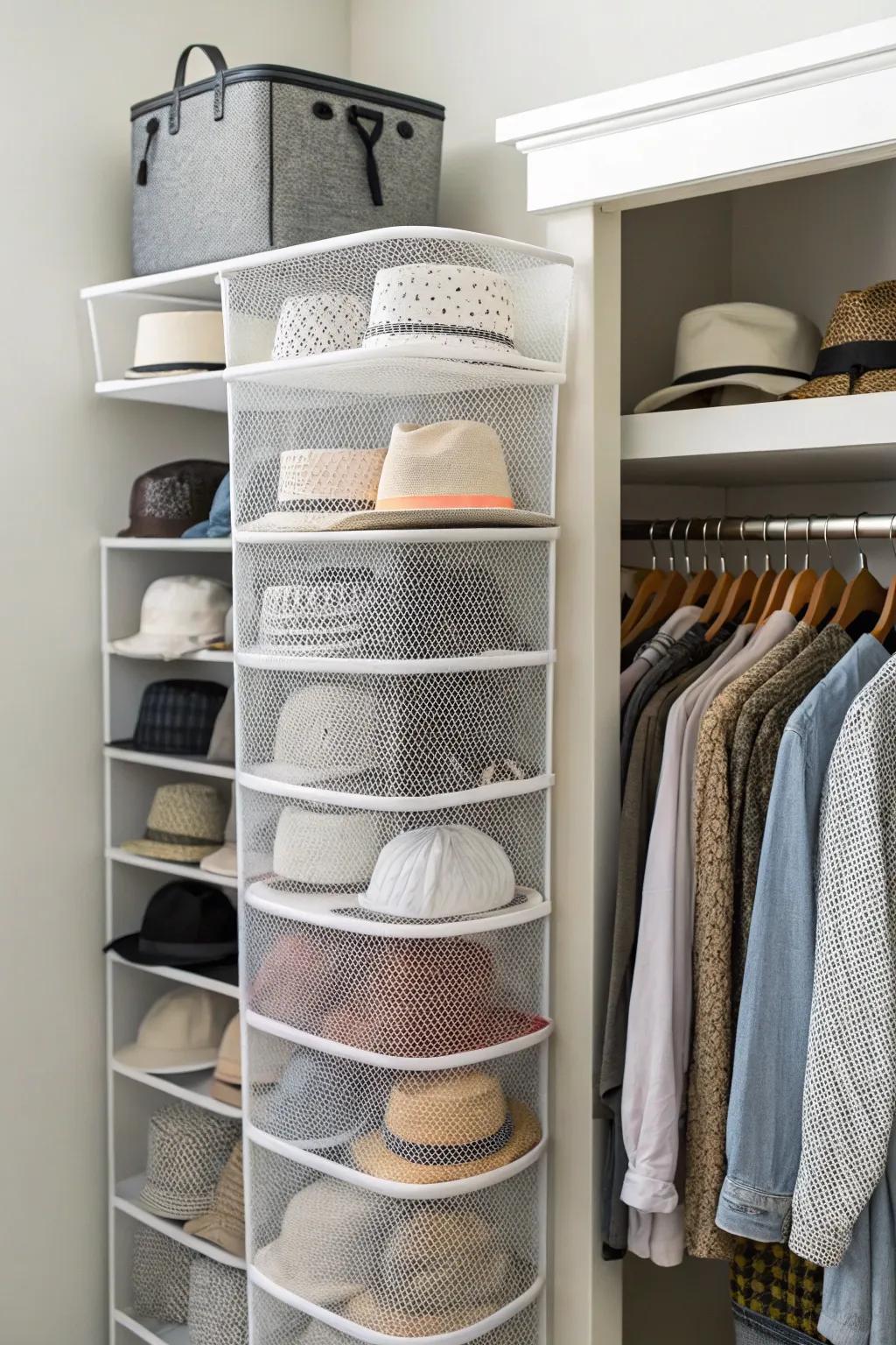 Hats in organizers.