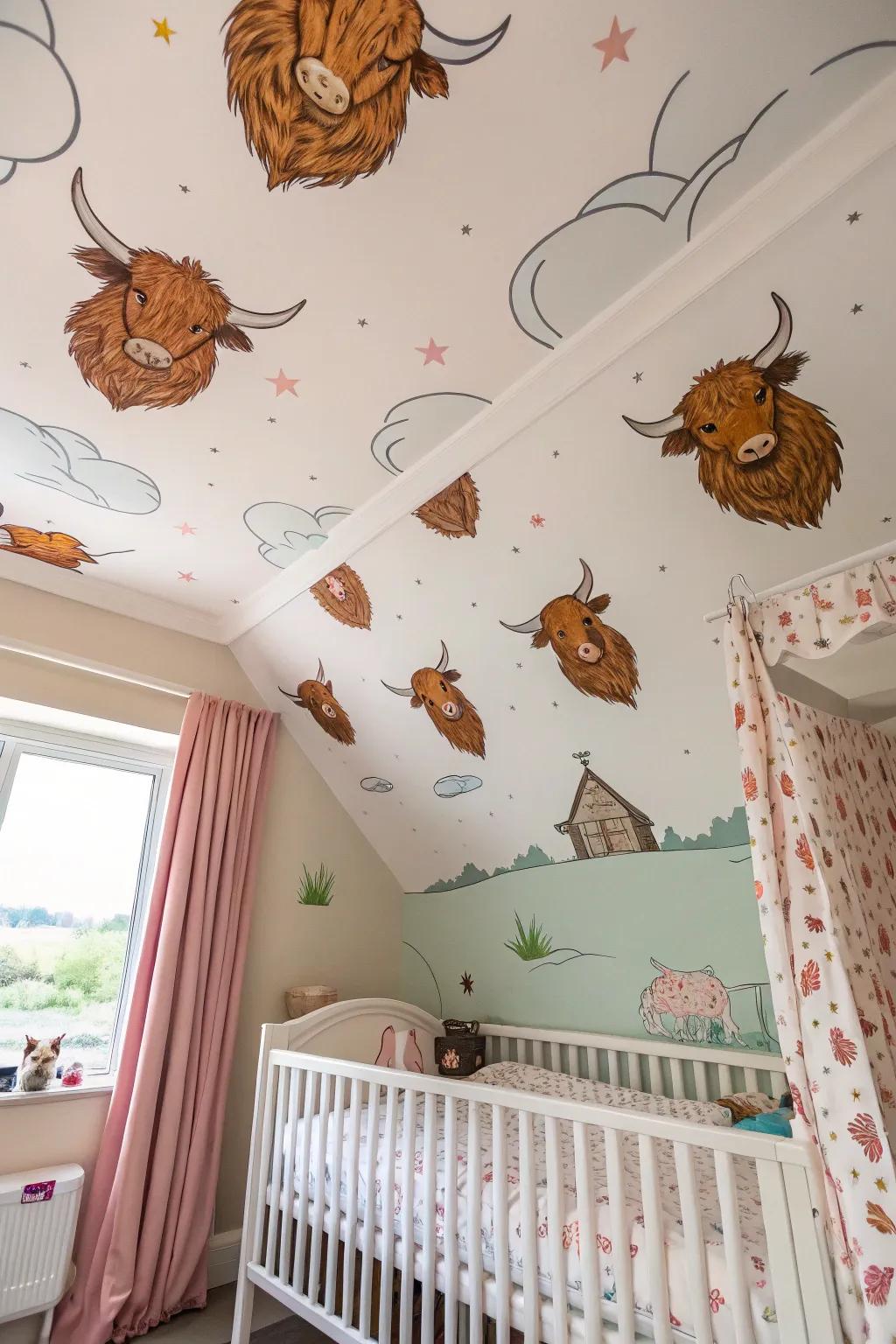 Ceiling decor offers a surprising and delightful touch.