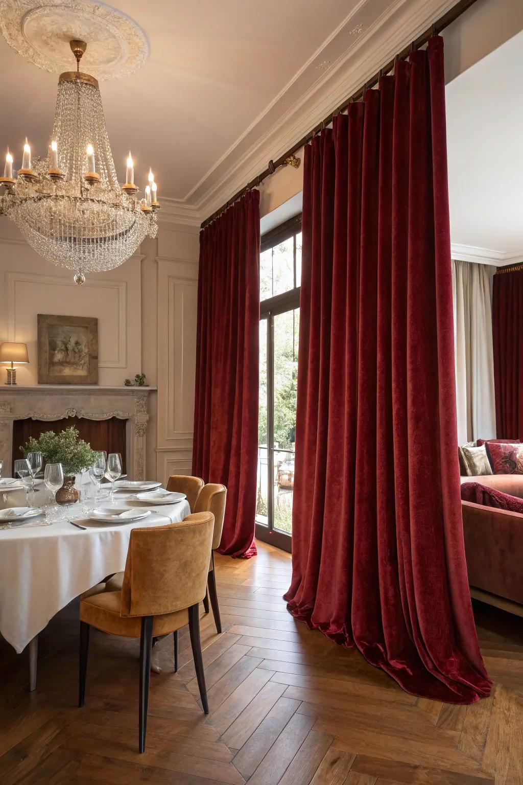 Curtains add drama and elegance, enhancing the room's overall aesthetic.