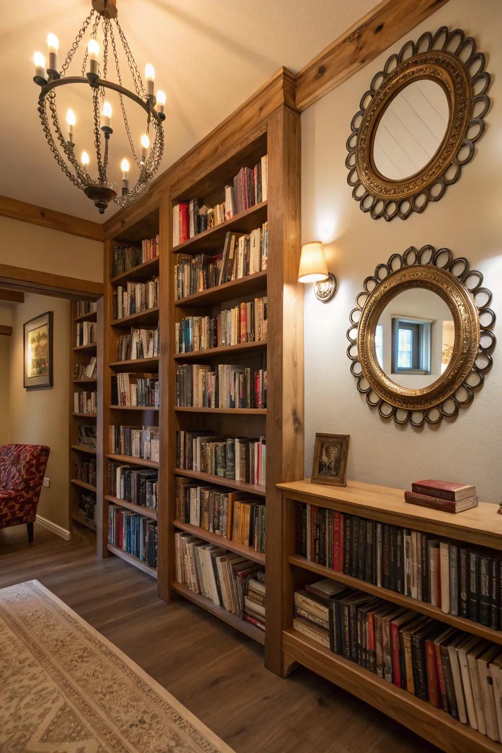 Ornamental reflectors add depth and light to the library.