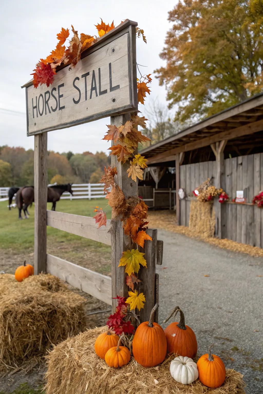 A horse stall marker with seasonal trimmings.