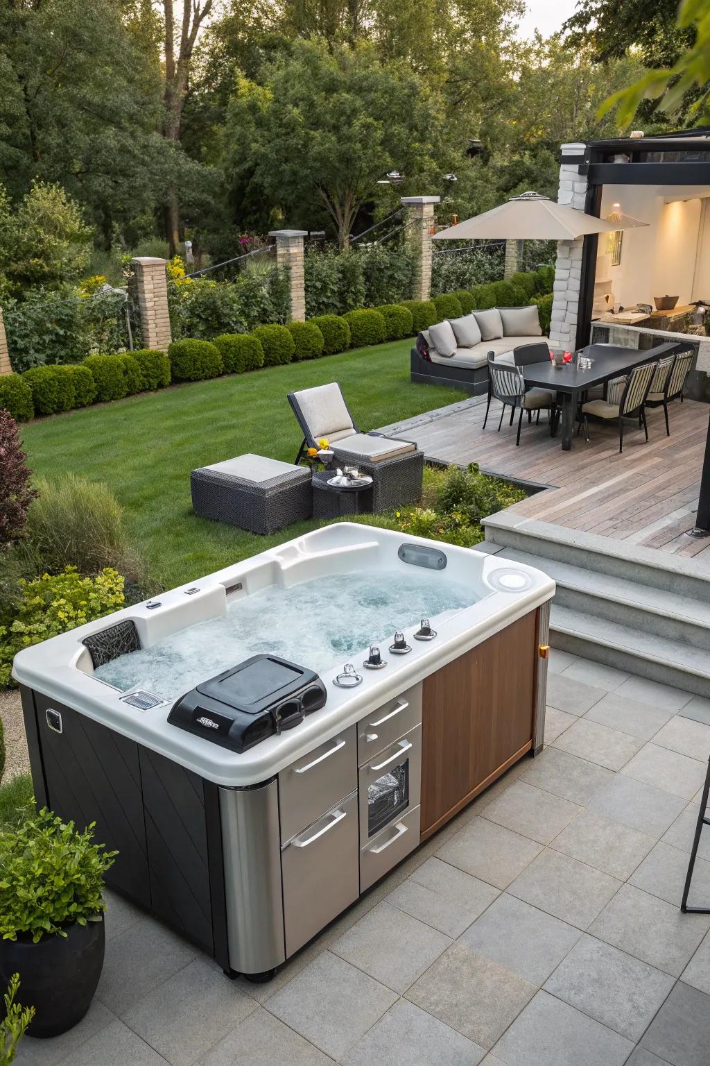 An outdoor galley contributes convenience and opulence to your hot tub venture.