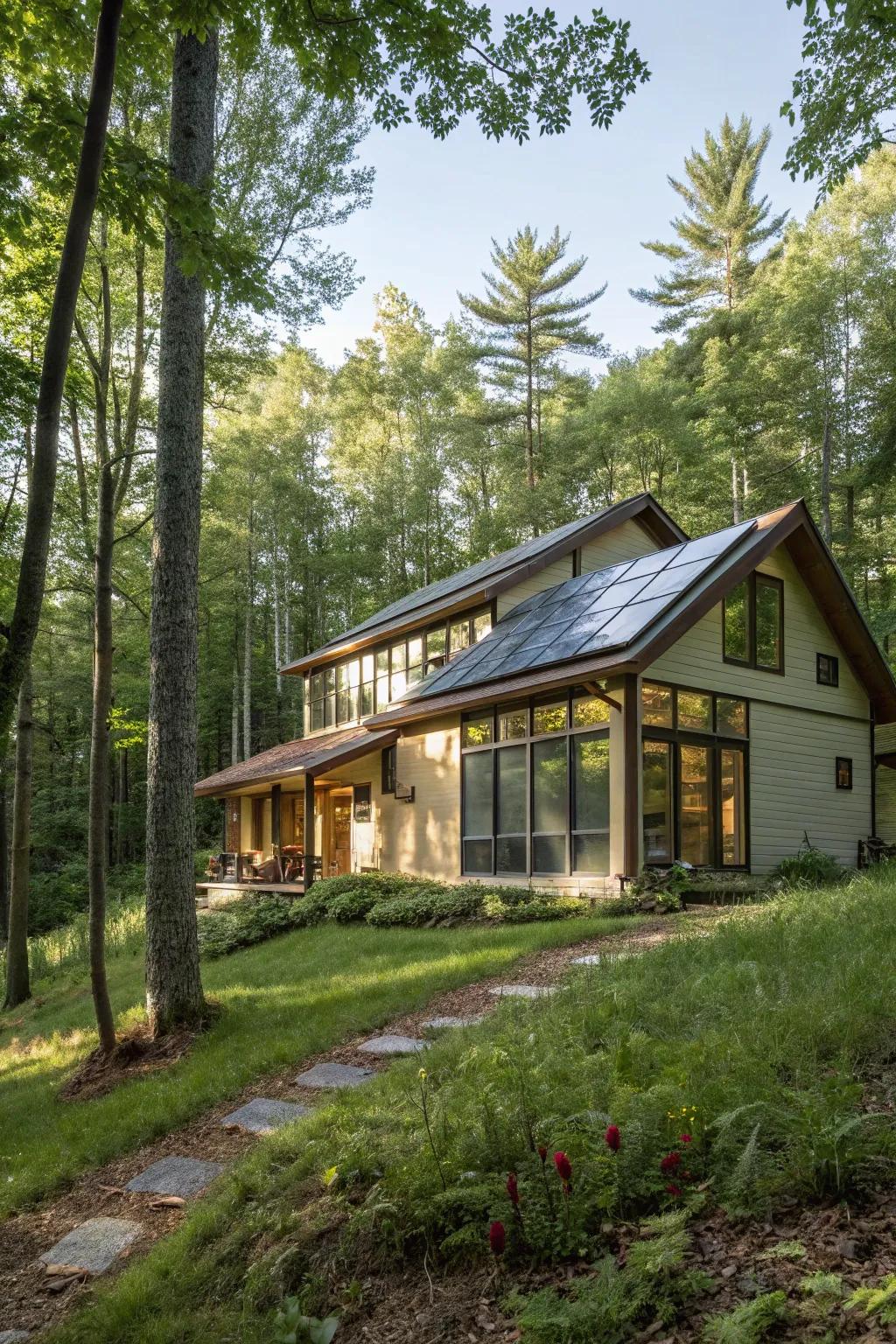 A solar-efficient home soaking up sun in the woods.