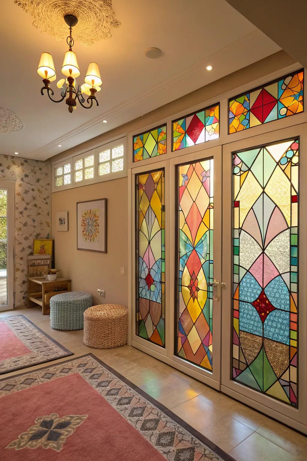 Stained glass film adds vibrant artistry.