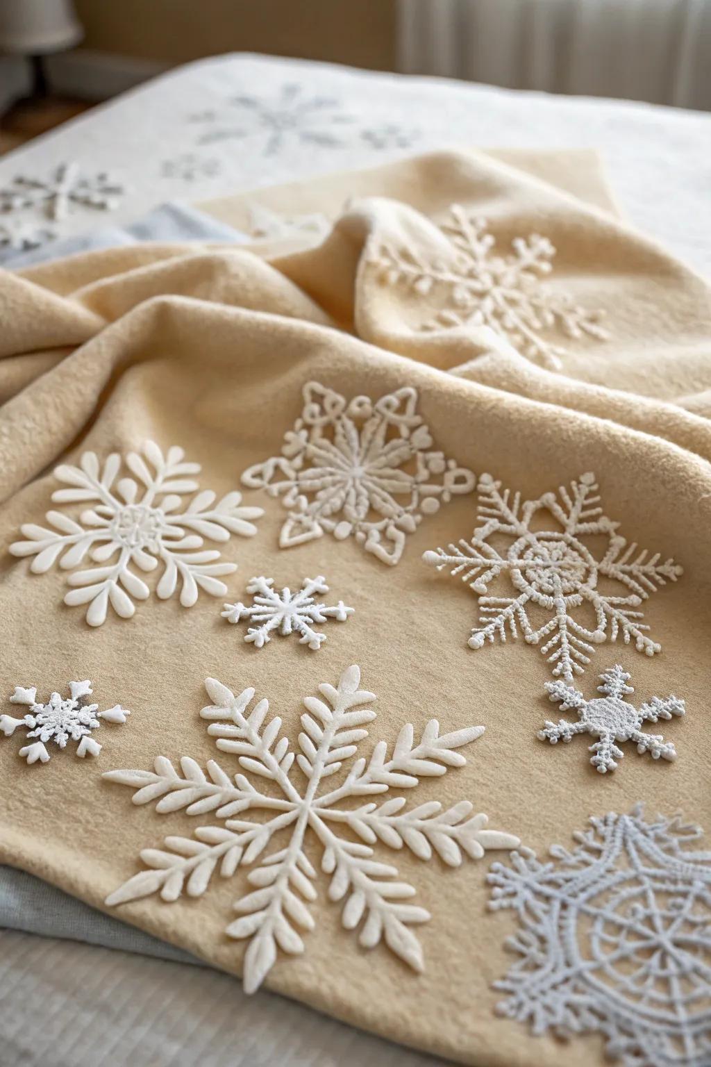 Fabric snowflakes offer a durable and cozy decoration alternative.