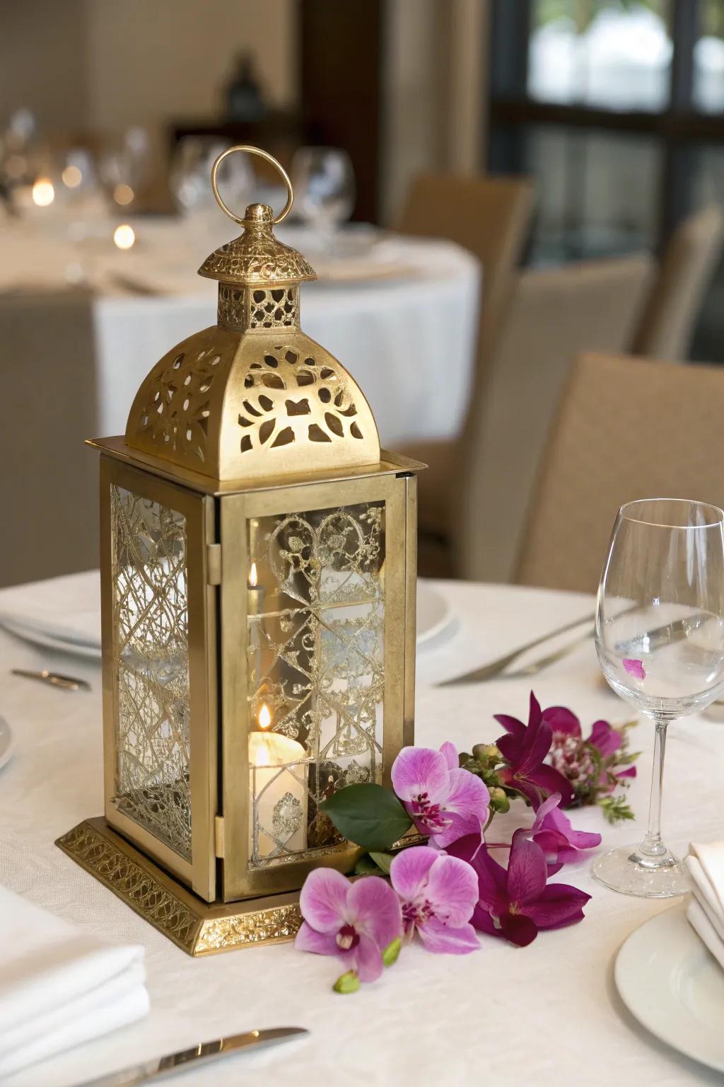 A radiant glow from a gold lantern, accented with a bouquet of luxury.