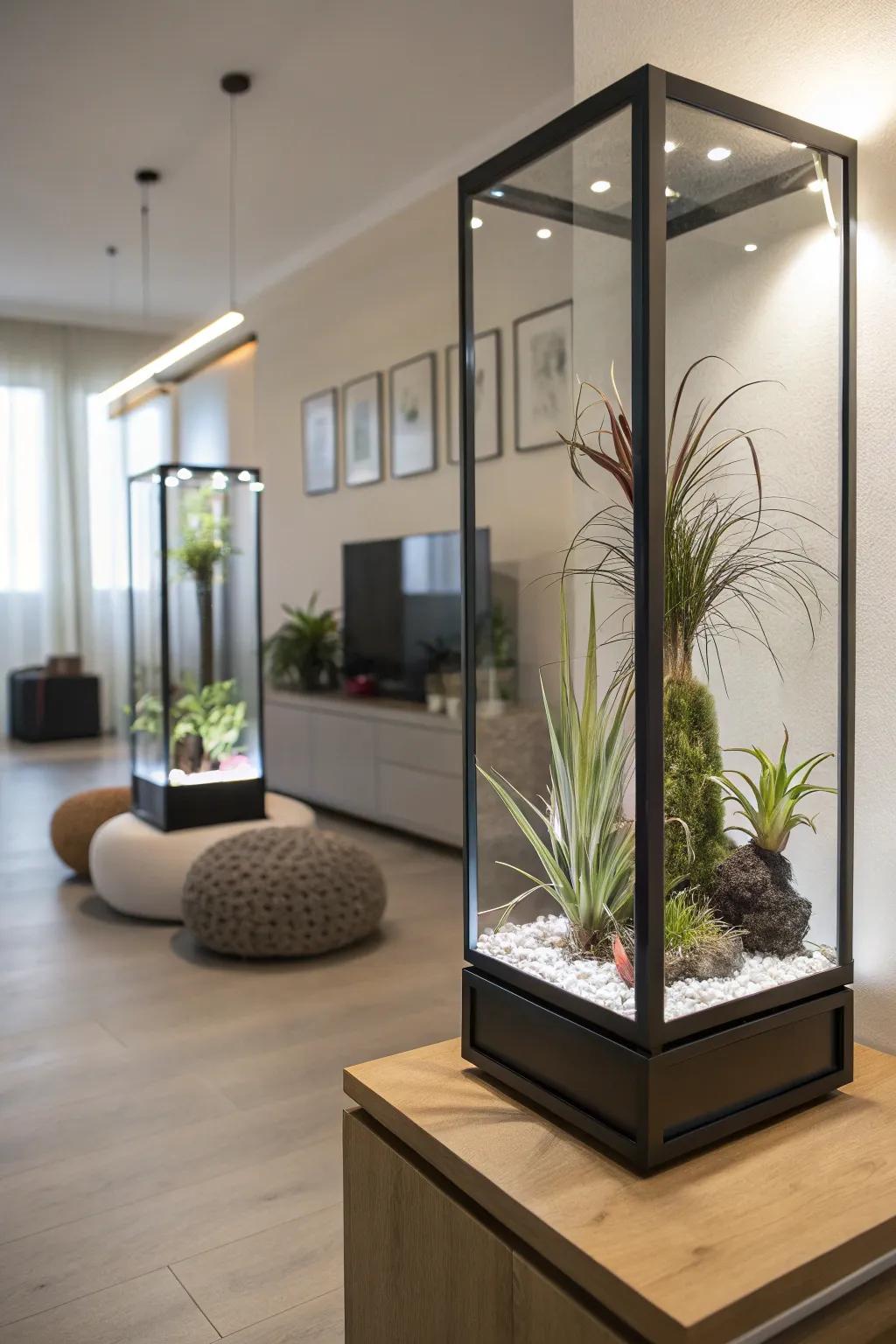 LED-illuminated display housings showcasing air plants, radiating a dramatic aesthetic.