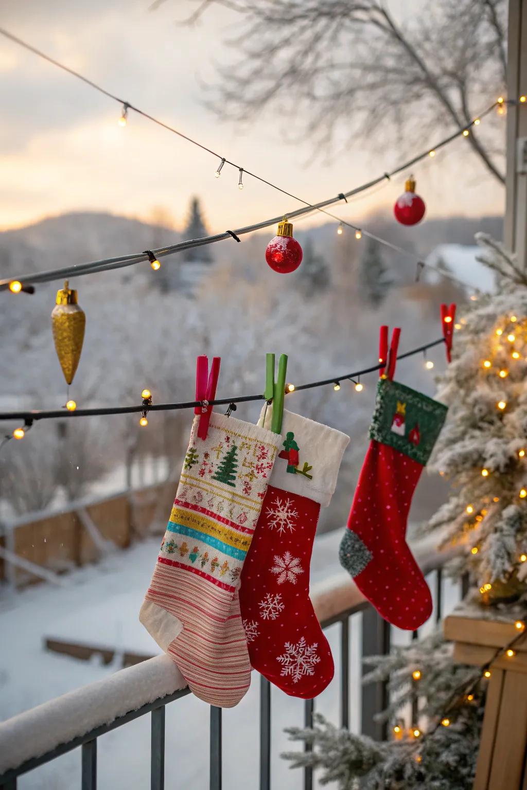 A hanging line arrangement contributes a whimsical and playful element to displays of stockings.