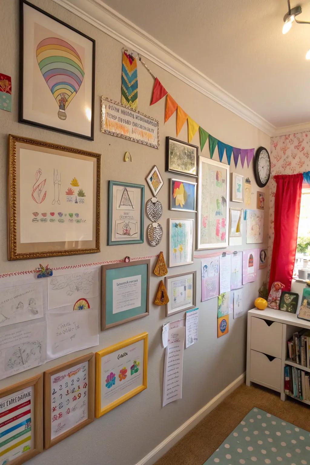 A display wall encourages pride and keeps surfaces clear.