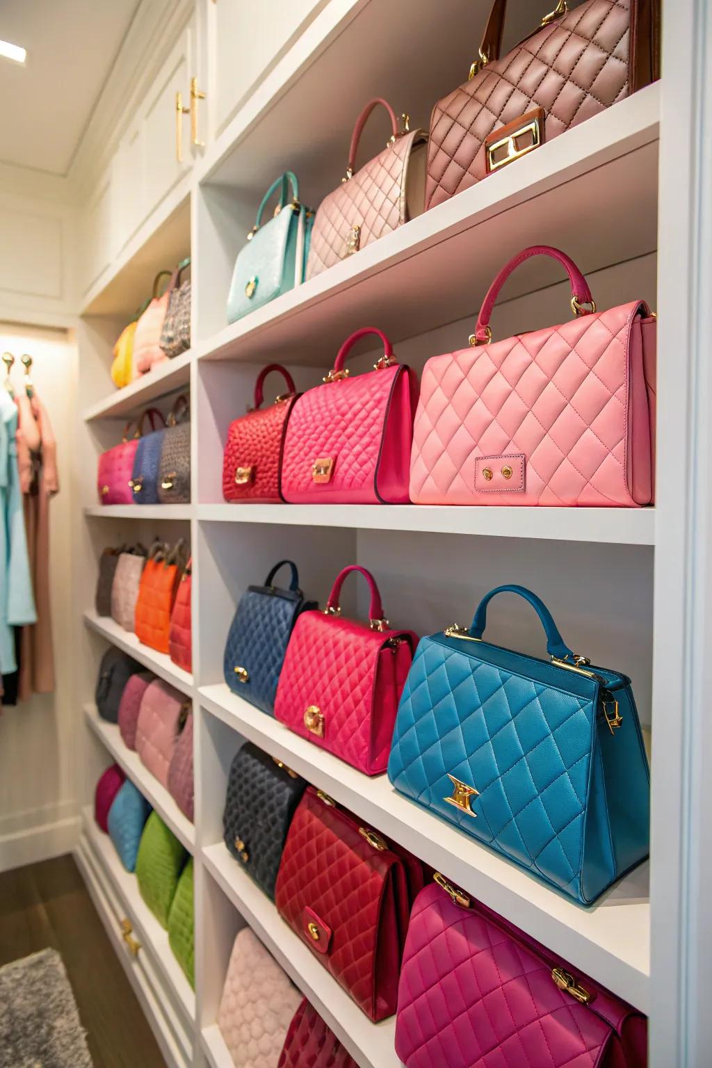 Handbags organized by color, adding a vibrant touch to the closet.
