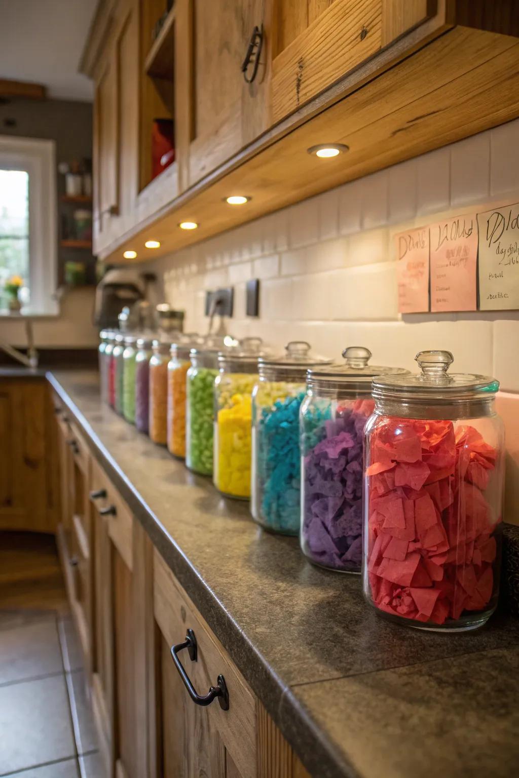 Glass jars offer a decorative way to store small crepe paper sheets.